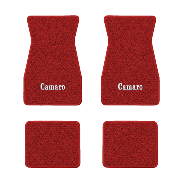 1970-1973 Chevrolet Camaro floor mats with the Camaro Block Letter logo in Loop 02 Red carpet, illustration