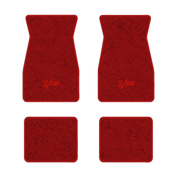 1974-1981 Chevrolet Camaro floor mats with the Z/28 logo in Cutpile 8801 Flame Red carpet, illustration