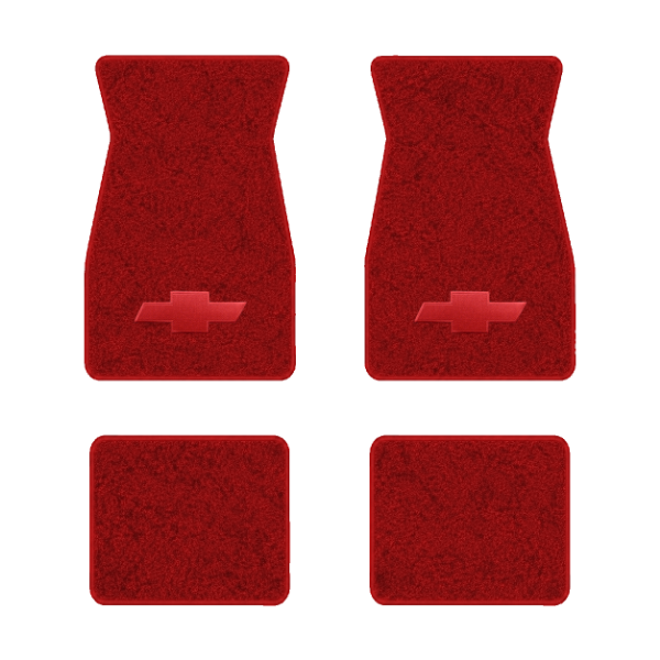1974-1981 Chevrolet Camaro floor mats with the Chevy Bowtie logo in Cutpile 8801 Flame Red carpet, illustration