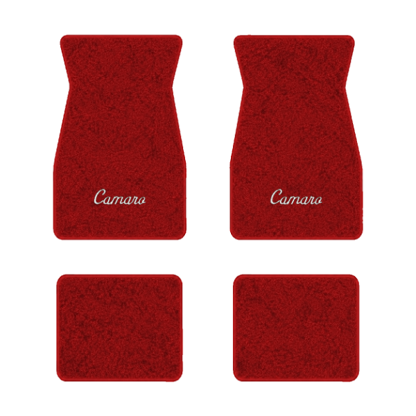 1974-1981 Chevrolet Camaro floor mats with the Camaro Script logo in Cutpile 8801 Flame Red carpet, illustration