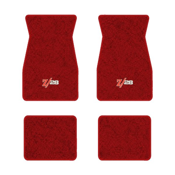 1974-1981 Chevrolet Camaro floor mats with the Z/28 in Red and Silver logo in Cutpile 8801 Flame Red carpet, illustration