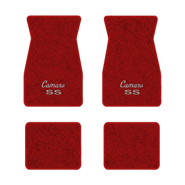 1974-1981 Chevrolet Camaro floor mats with the Camaro SS Script logo in Cutpile 8801 Flame Red carpet, illustration