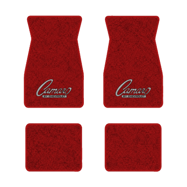1974-1981 Chevrolet Camaro floor mats with the Camaro by Chevrolet Black Outline logo in Cutpile 8801 Flame Red carpet, illustration