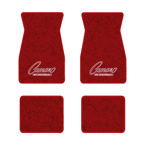 1974-1981 Chevrolet Camaro floor mats with the Camaro by Chevrolet Silver Outline logo in Cutpile 8801 Flame Red carpet, illustration