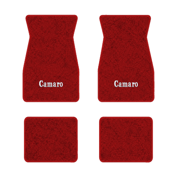 1974-1981 Chevrolet Camaro floor mats with the Camaro Block Letter logo in Cutpile 8801 Flame Red carpet, illustration