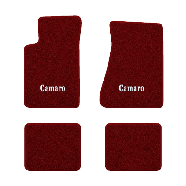 1982-1984 Chevrolet Camaro molded floor mats with the Camaro Block Letter logo in Essex 1016A Red carpet, illustration