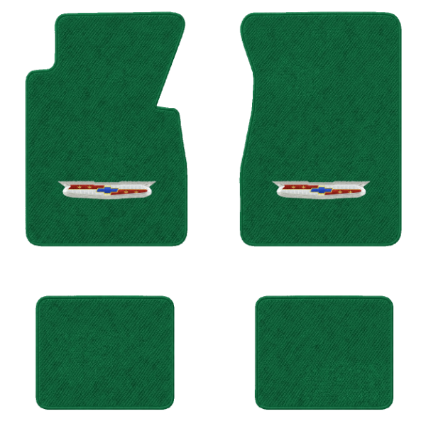1957 Chevrolet Bel Air floor mats with the Bel Air Crest logo in Daytona 7163 Light Green carpet, illustration