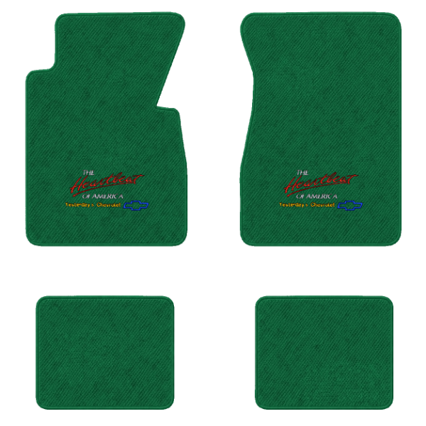 1957 Chevrolet Bel Air floor mats with the Yesterdays Chevrolet logo in Daytona 7163 Light Green carpet, illustration