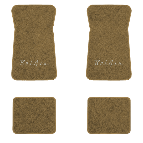 1974-1975 Chevrolet Bel Air floor mats with the Bel Air logo in Essex 1054A Caramel carpet, illustration