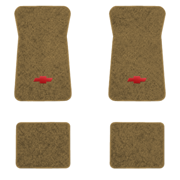 1971-1972 Chevrolet Biscayne floor mats with the Chevy Bowtie logo in Essex 1054A Caramel carpet, illustration
