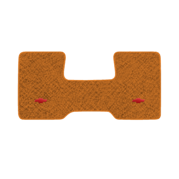 1975-1986 Chevrolet C10 2WD Automatic/3-Speed Low Tunnel one-piece front floor mat with the Chevy Bowtie logo in Cutpile 4645 Mandarin Orange carpet, illustration