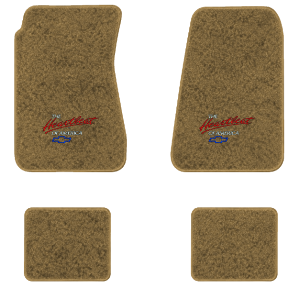 1970-1972 Chevrolet Chevelle Greenbrier floor mats with the Heartbeat of America logo in Essex 1054A Caramel carpet, illustration