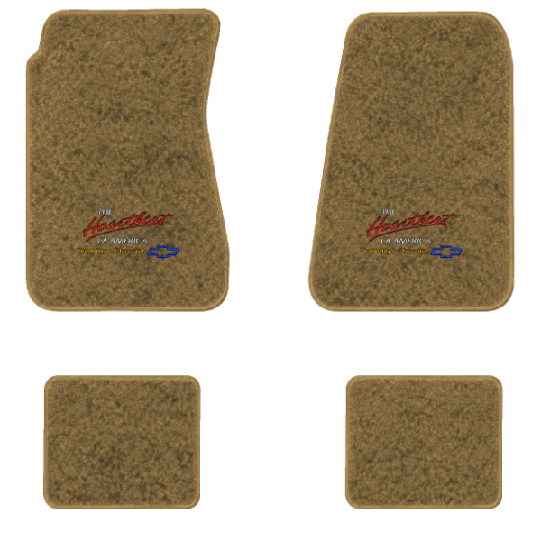 1970-1972 Chevrolet Chevelle Greenbrier floor mats with the Yesterdays Chevrolet logo in Essex 1054A Caramel carpet, illustration
