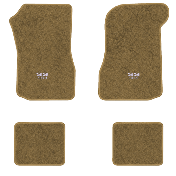 1973 Chevrolet Chevelle floor mats with the SS 454 logo in Essex 1054A Caramel carpet, illustration