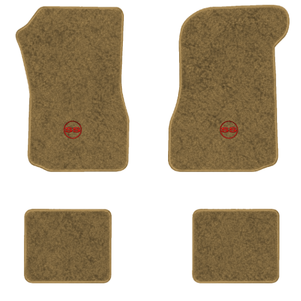 1973 Chevrolet Chevelle floor mats with the SS in Outline Circle logo in Essex 1054A Caramel carpet, illustration