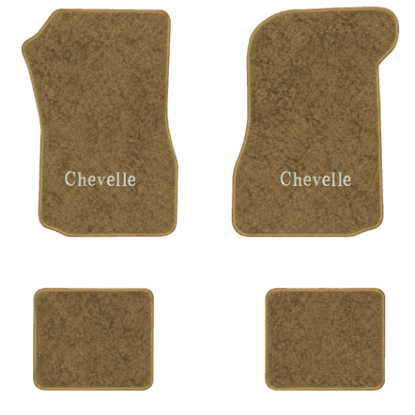 1973 Chevrolet Chevelle floor mats with the Chevelle logo in Essex 1054A Caramel carpet, illustration