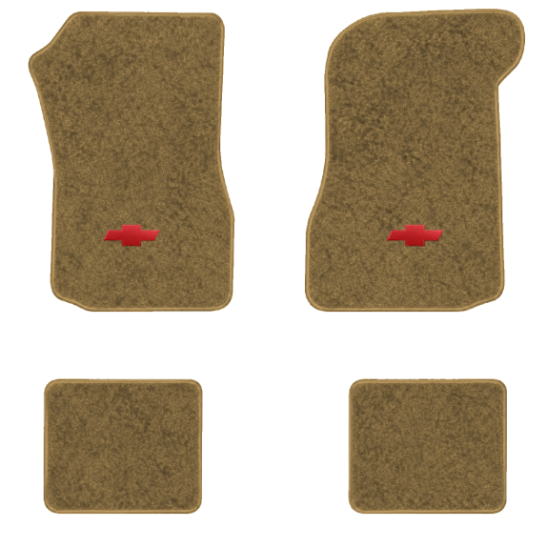 1974-1976 Chevrolet Chevelle Laguna Type S-3 floor mats with the Chevy Bowtie logo in Essex 1054A Caramel carpet, illustration