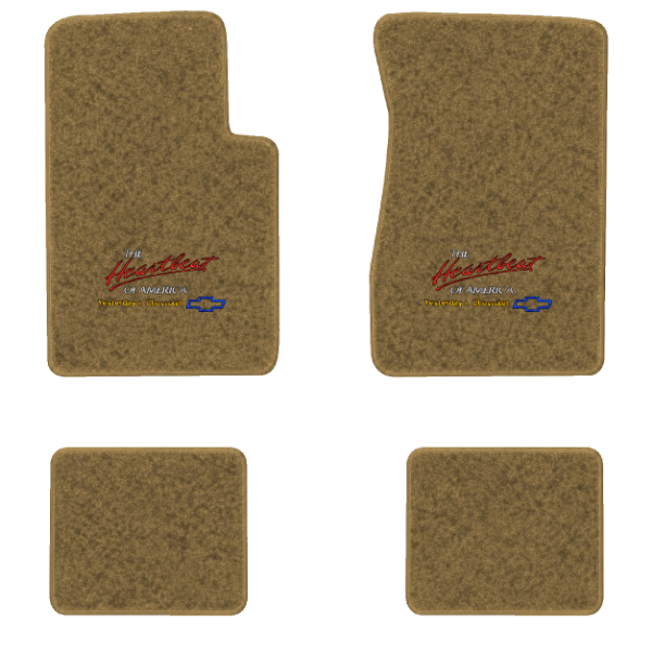 1962-1967 Chevrolet Chevy II Nova floor mats with the Yesterdays Chevrolet logo in Essex 1054A Caramel carpet, illustration