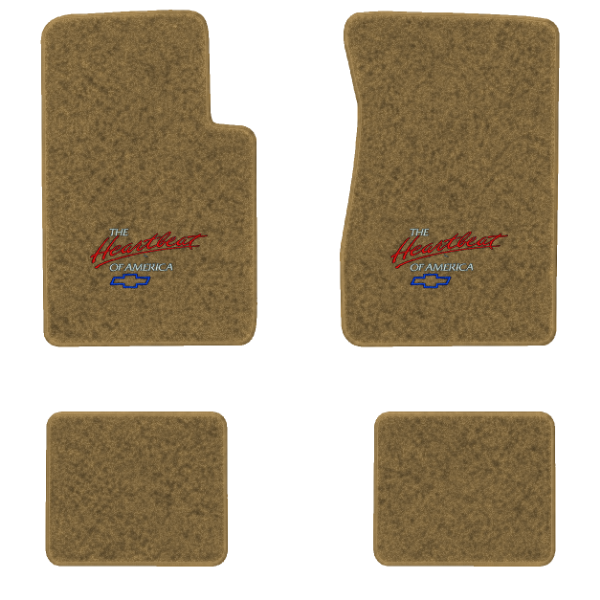 1962-1967 Chevrolet Chevy II floor mats with the Heartbeat of America logo in Essex 1054A Caramel carpet, illustration