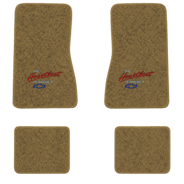1968 Chevrolet Chevy II Nova floor mats with the Heartbeat of America logo in Essex 1054A Caramel carpet, illustration