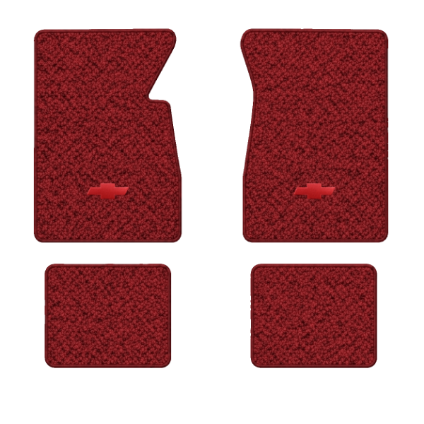 1961-1962 Chevrolet Impala floor mats with the Chevy Bowtie logo in Tuxedo C-3 Red carpet, illustration
