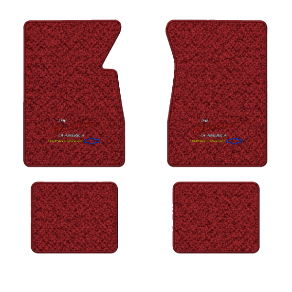 1961-1962 Chevrolet Impala floor mats with the Yesterdays Chevrolet logo in Tuxedo C-3 Red carpet, illustration
