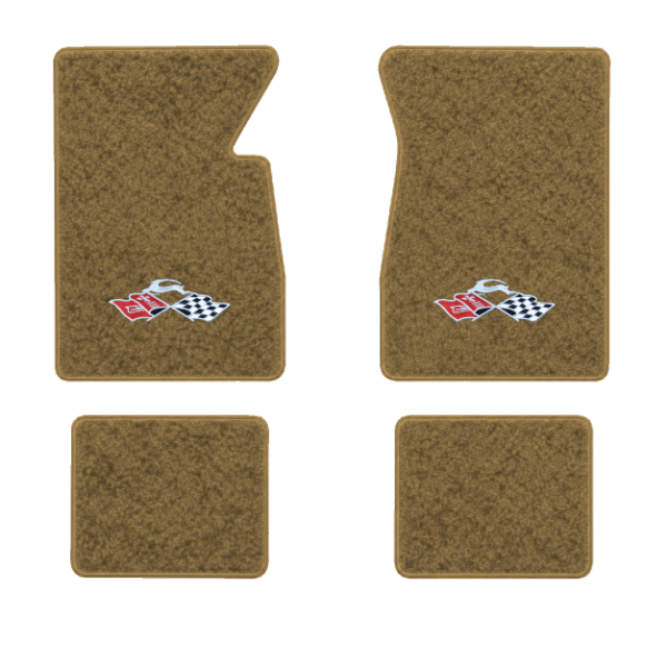 1961-1964 Chevrolet Impala floor mats with the Impala Deer with Flags (Small) logo in Essex 1054A Caramel carpet, illustration