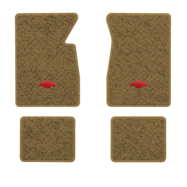 1965-1970 Chevrolet Impala floor mats with the Chevy Bowtie logo in Essex 1054A Caramel carpet, illustration