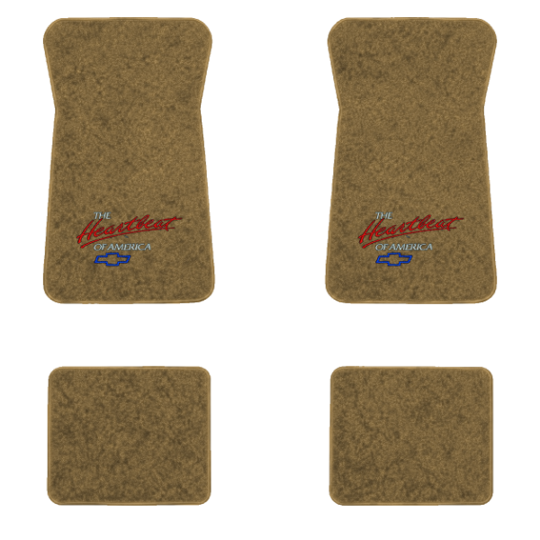 1971-1973 Chevrolet Impala floor mats with the Heartbeat of America logo in Essex 1054A Caramel carpet, illustration