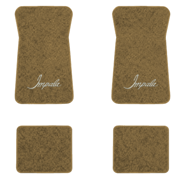 1971-1973 Chevrolet Impala floor mats with the Impala logo in Essex 1054A Caramel carpet, illustration