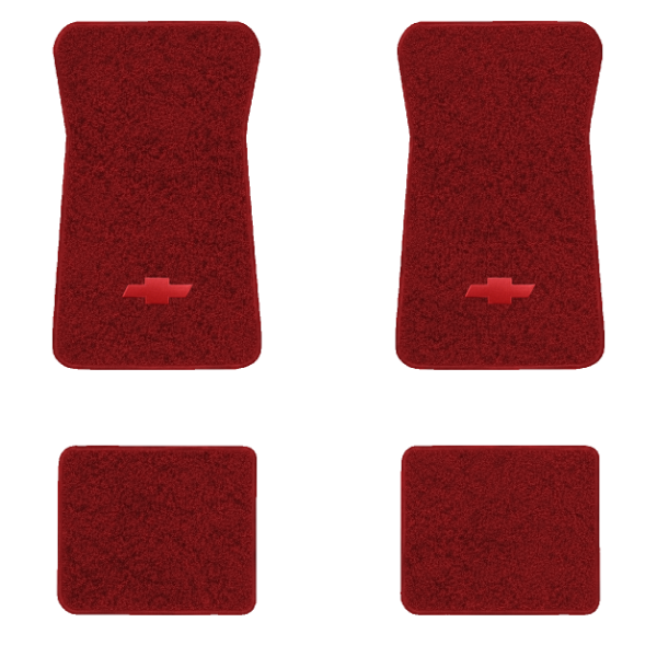 1974-1976 Chevrolet Impala floor mats with the Chevy Bowtie logo in Cutpile 7039 Dark Red / Carmine carpet, illustration