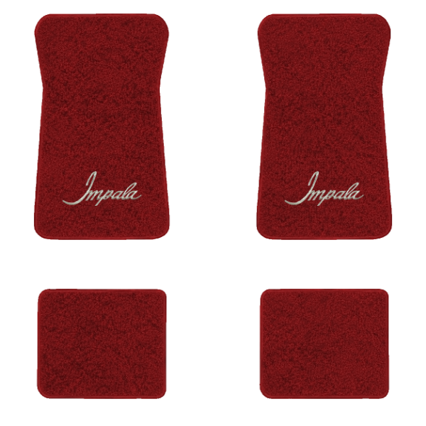 1974-1976 Chevrolet Impala floor mats with the Impala logo in Cutpile 7039 Dark Red / Carmine carpet, illustration
