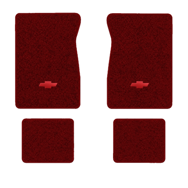 1984-1986 Chevrolet K30 Crew Cab floor mats with the Chevy Bowtie logo in Essex 1016A Red carpet, illustration