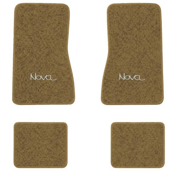 1969-1973 Chevrolet Nova floor mats with the Nova logo in Essex 1054A Caramel carpet, illustration