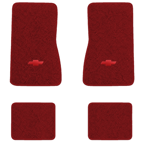 1974-1979 Chevrolet Nova floor mats with the Chevy Bowtie logo in Cutpile 7039 Dark Red / Carmine carpet, illustration