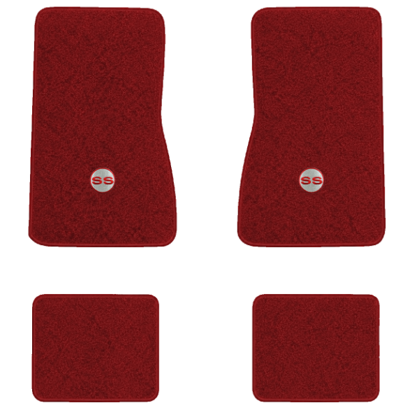 1974-1979 Chevrolet Nova floor mats with the SS in Filled Circle logo in Cutpile 7039 Dark Red / Carmine carpet, illustration
