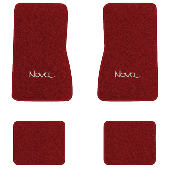 1974-1979 Chevrolet Nova floor mats with the Nova logo in Cutpile 7039 Dark Red / Carmine carpet, illustration