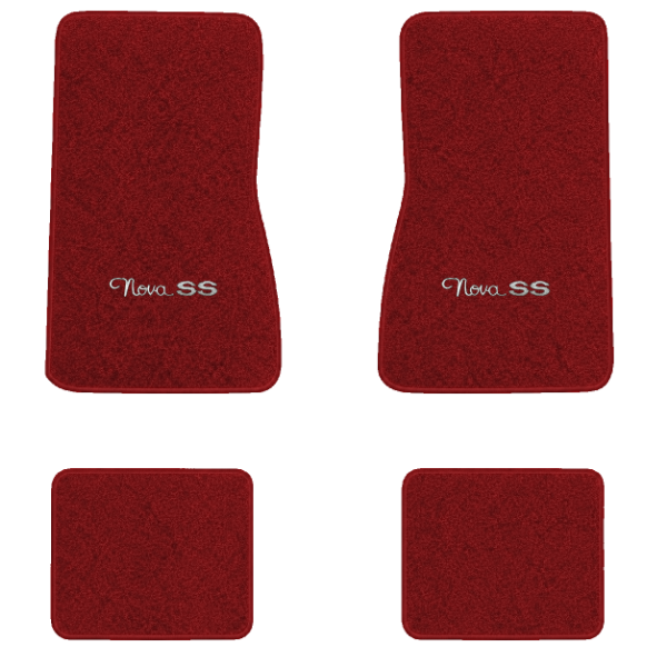 1974-1979 Chevrolet Nova floor mats with the Nova SS logo in Cutpile 7039 Dark Red / Carmine carpet, illustration