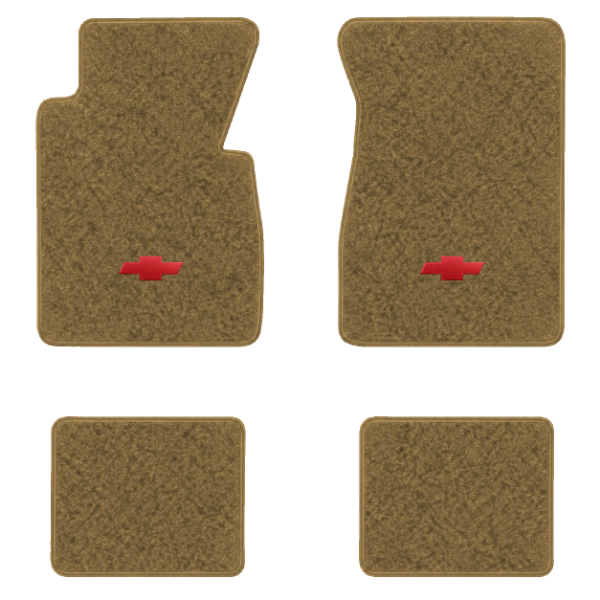 1957 Chevrolet One-Fifty Series floor mats with the Chevy Bowtie logo in Essex 1054A Caramel carpet, illustration