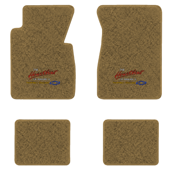 1957 Chevrolet One-Fifty Series floor mats with the Yesterdays Chevrolet logo in Essex 1054A Caramel carpet, illustration