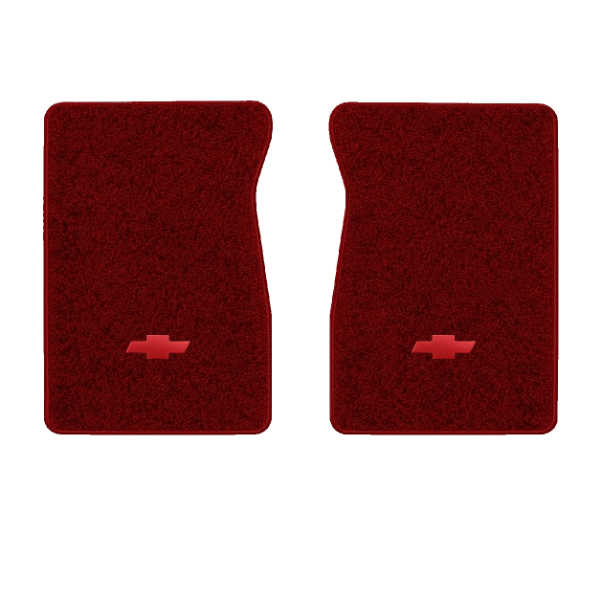 1987 Chevrolet R10 front floor mats with the Chevy Bowtie logo in Essex 1016A Red carpet, illustration