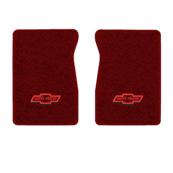1987 Chevrolet R10 front floor mats with the Chevy Truck with Bolts logo in Essex 1016A Red carpet, illustration
