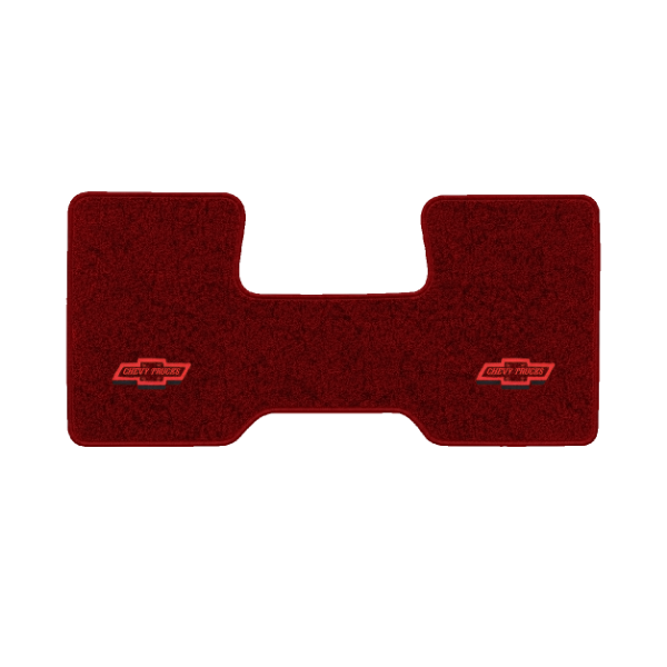 1987 Chevrolet R10 2WD Automatic/3-Speed Low Tunnel one-piece front floor mat with the Chevy Truck with Bolts logo in Essex 1016A Red carpet, illustration