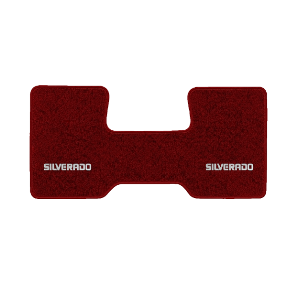 1987 Chevrolet R20 2WD Automatic/3-Speed Low Tunnel one-piece front floor mat with the Silverado logo in Essex 1016A Red carpet, illustration