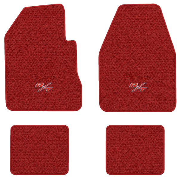 1966-1970 Dodge Charger 4-Speed floor mats with the Charger R/T logo in Loop 02 Red carpet, illustration