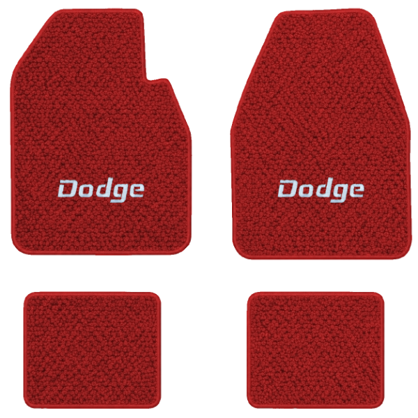 1966-1970 Dodge Charger Automatic floor mats with the Dodge logo in Loop 02 Red carpet, illustration