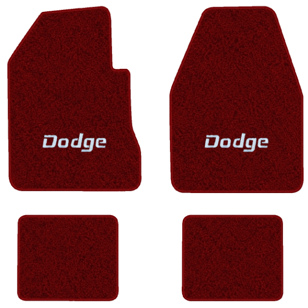 1974-1975 Dodge Charger 2-Door 4-Speed floor mats with the Dodge logo in Essex 1016A Red carpet, illustration