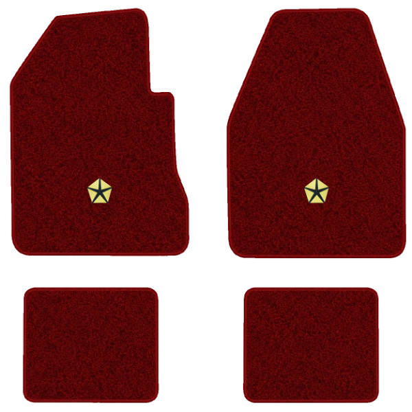 1974-1975 Dodge Charger 2-Door 4-Speed floor mats with the Chrysler Pentastar logo in Essex 1016A Red carpet, illustration