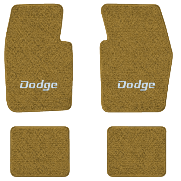 1971-1972 Dodge Dart Demon 2-Door floor mats with the Dodge logo in Loop 20 Gold carpet, illustration