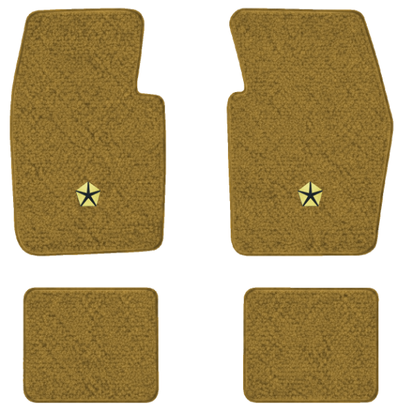 1971-1972 Dodge Dart Demon 2-Door floor mats with the Chrysler Pentastar logo in Loop 20 Gold carpet, illustration